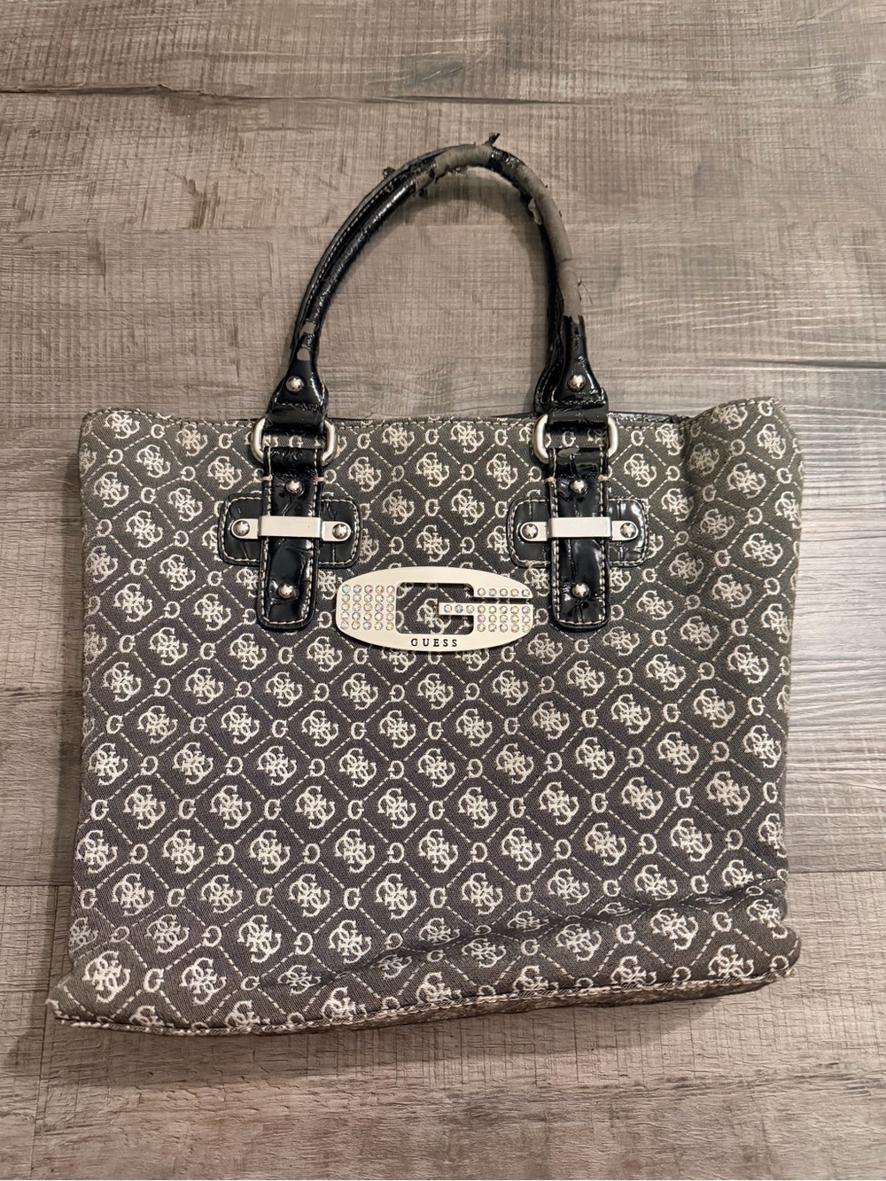 Guess Monogram Logo Tote Bag Rhinestone G Y2K Shoulder Purse Gray Black